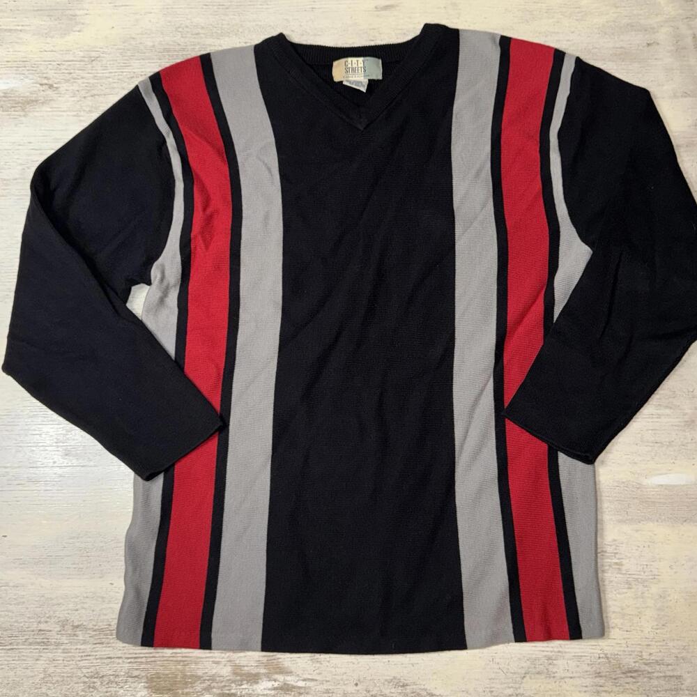 Vintage 90s City Street Red Black Grey Sweater Size Medium
